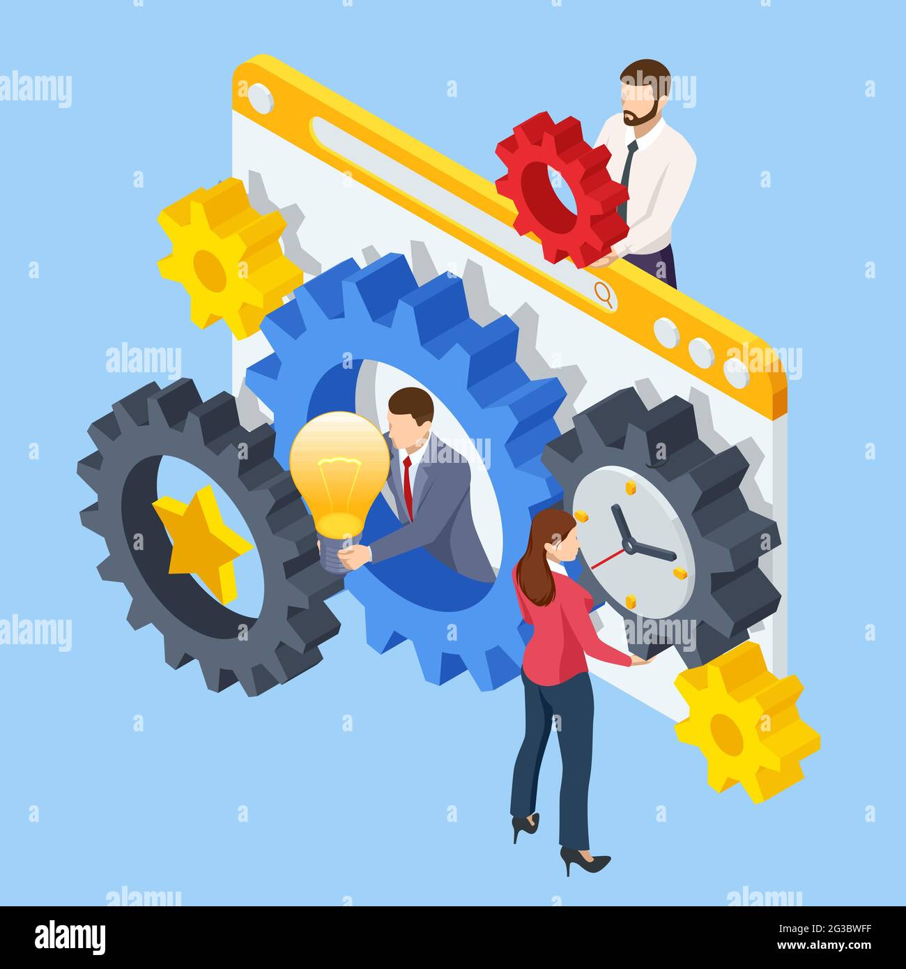 Isometric Business Process. Business team connect pieces of gears