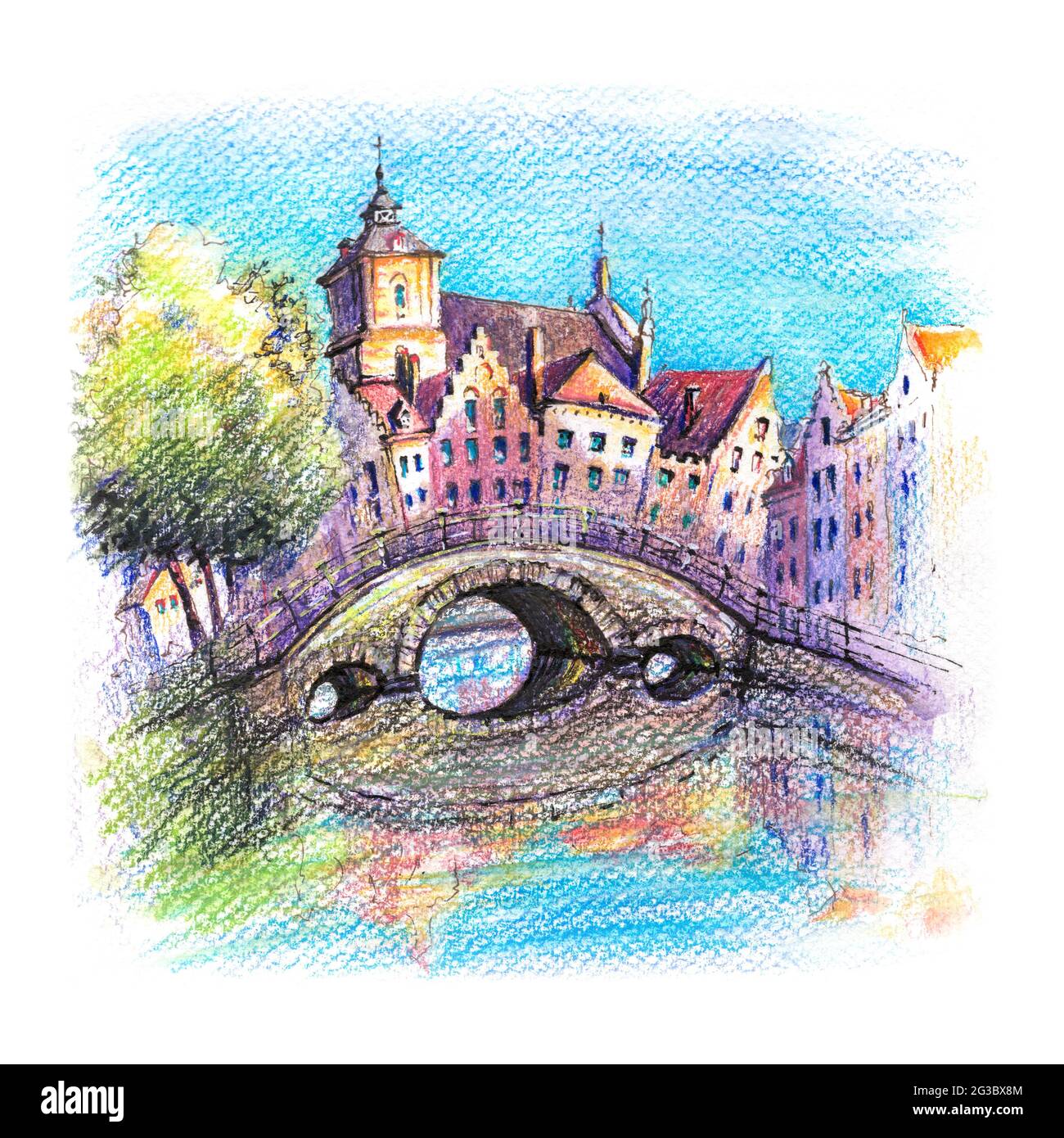Urban sketch of Bruges canal with bridge and beautiful medieval houses at sunset, Belgium. Drawing with watercolored pencils Stock Photo