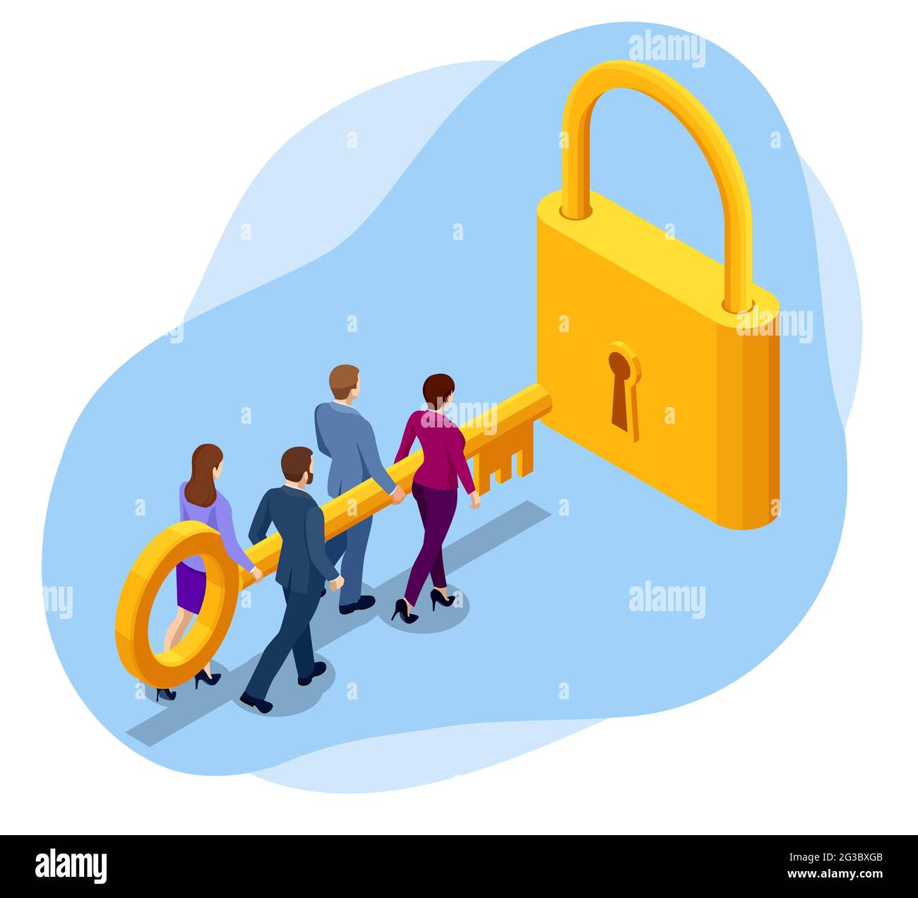 Isometric business people with key and clouds with keyholes. successful