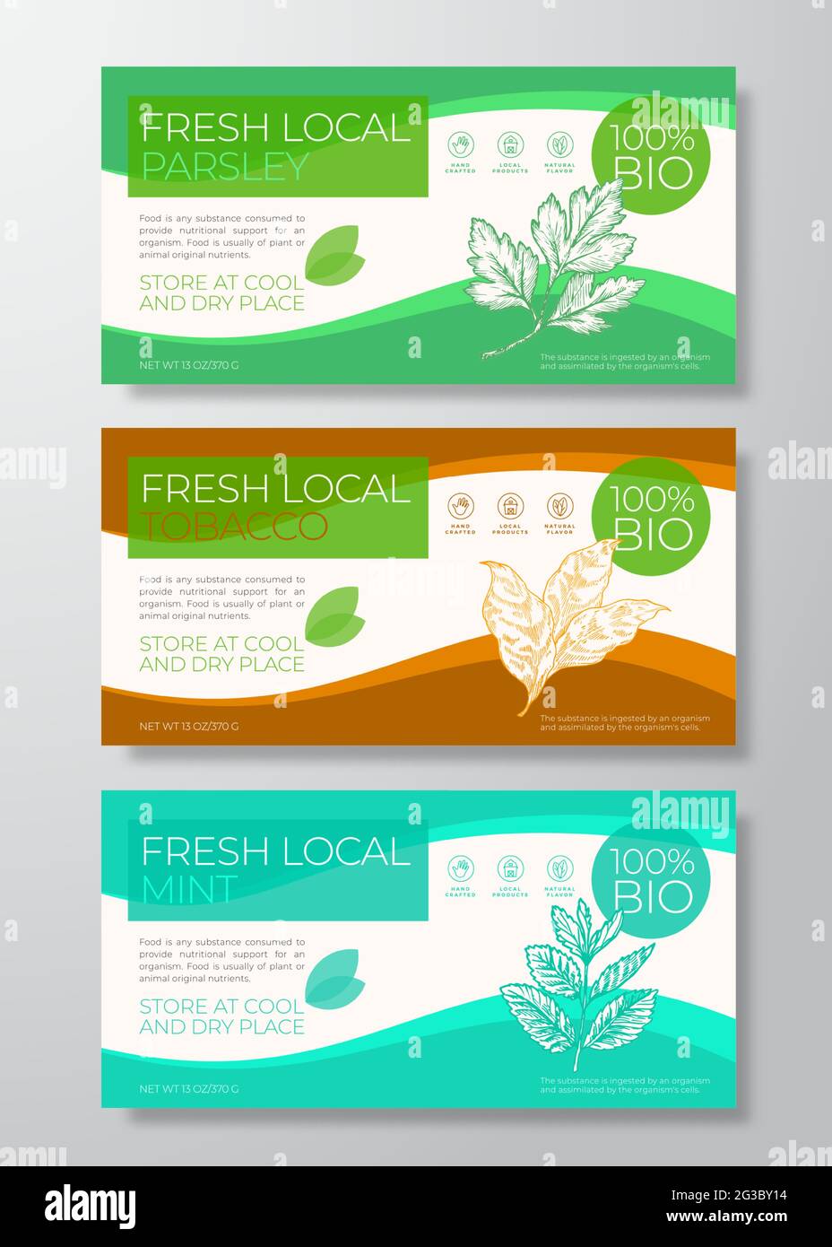 Fresh Local Plants Label Templates Set. Abstract Vector Packaging