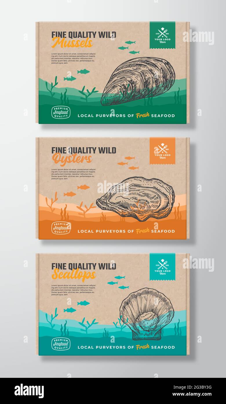 Premium Quality Food Box Mockups. Vector Seafood Packaging Label Design on a Cardboard