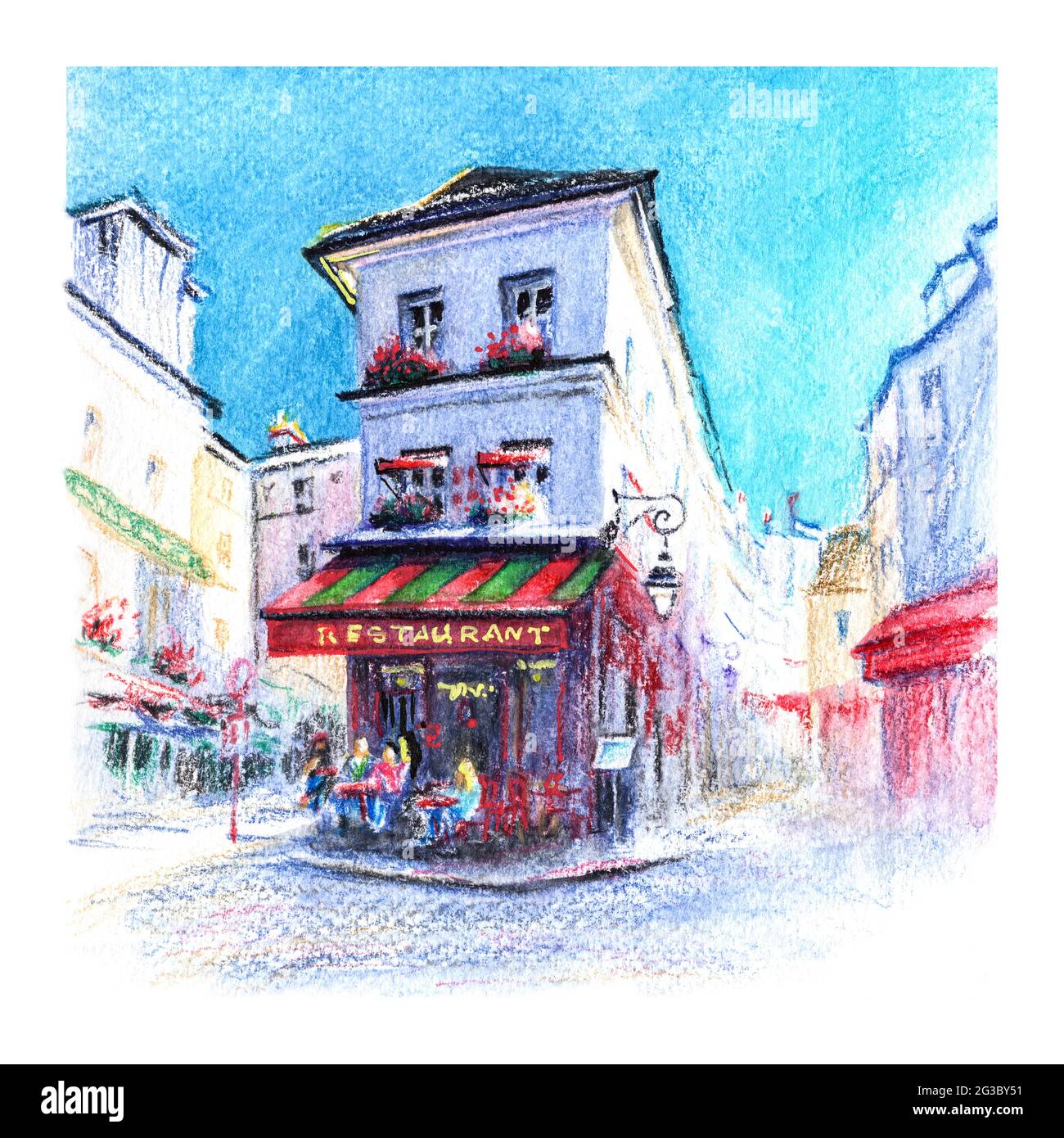 Watercolored pencils sketch of Typical parisain restaurant on Montmartre, Paris, France. Stock Photo