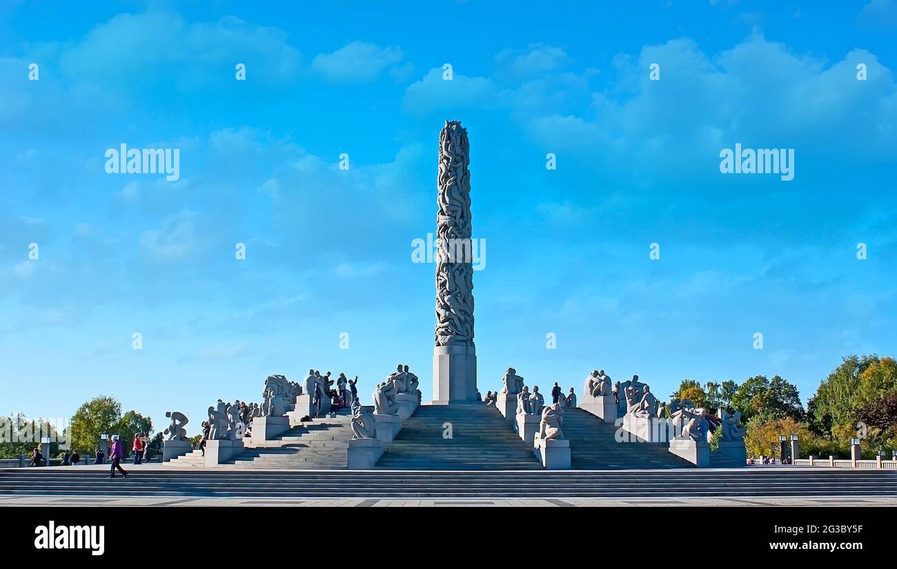 Spectacular sculptural ensemble The Monolith by Gustav Vigeland is the part of Vigeland Installation in Frogner Park of Oslo, Norway Stock Photo