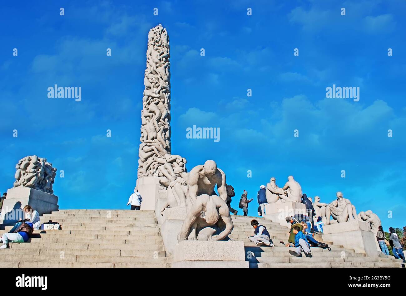OSLO, NORWAY - SEP 28, 2010: The granite sculptures and totem of Monolith sculptural group of Vigeland Installation, located in Frogner Park, on Sep 2 Stock Photo