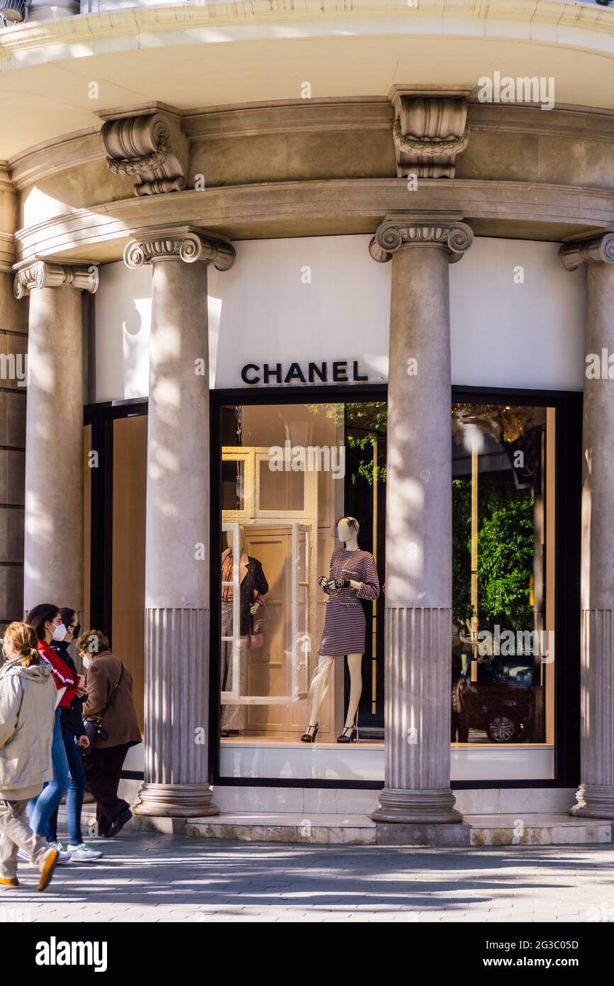 Barcelona, Spain - May 11, 2021. Logo and facade of Chanel, it is
