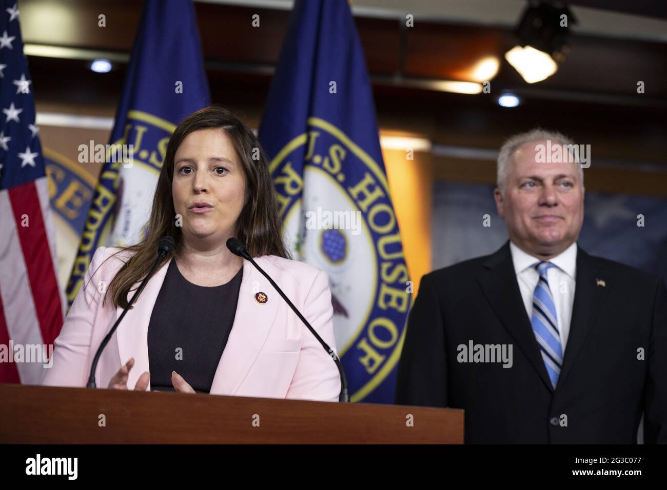 Washington, United States. 15th June, 2021. Rep. Elise Stefanik, R-NY, speaks as House Minority Whip Steve Scalise, R-La listen's on, at a news conference after a House Republicans Caucus Meeting on Capitol Hill in Washington, DC on Tuesday, June 15, 2021. Photo by Tasos Katopodis/UPI Credit: UPI/Alamy Live News Stock Photo