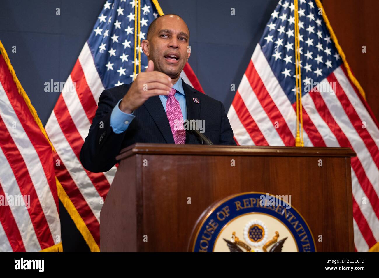 Washington, USA. 15th June, 2021. Representative Hakeem Jeffries (D-NY) during for a House Democrat Caucus press conference at the U.S. Capitol, in Washington, DC, on Tuesday, June 15, 2021. With new revelations emerging out of the growing Department of Justice scandal subpoenaing reporters and Members of Congress that started in the Trump Administration and ended under Biden, a House Committee has pledged an investigation as infrastructure negotiations continue in the Senate. (Graeme Sloan/Sipa USA) Credit: Sipa USA/Alamy Live News Stock Photo