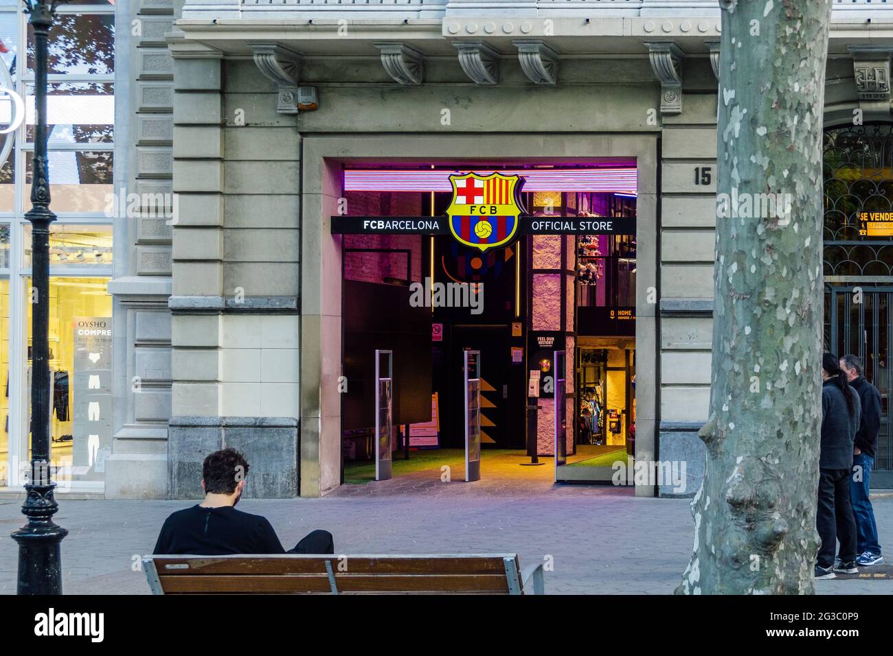 Barcelona, Spain - May 11, 2021. FCBotiga OFFICIAL STORE logo and facade represent the official point of sale where official Barça items are distribut Stock Photo