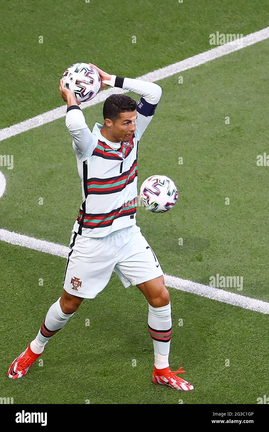 BUDAPEST, HUNGARY JUNE 15 Portuguese player Cristiano Ronaldo is ready to throw a ball in