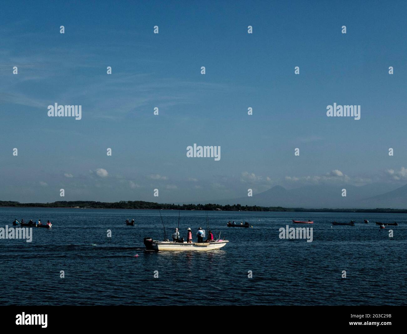 Fishing boats  from the Pirraya Island on the Jiquilisco Bay. Stock Photo