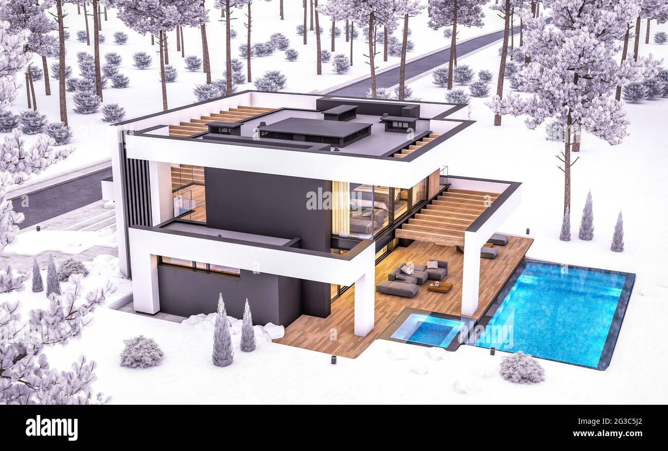 3d rendering of modern cozy house with pool and parking for sale or ...