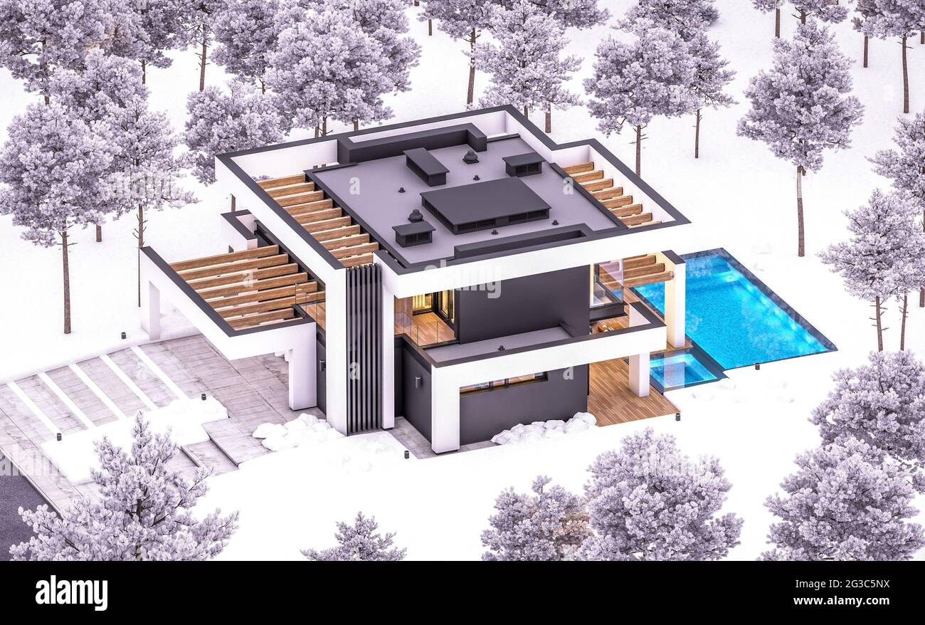 3d rendering of modern cozy house with pool and parking for sale or ...