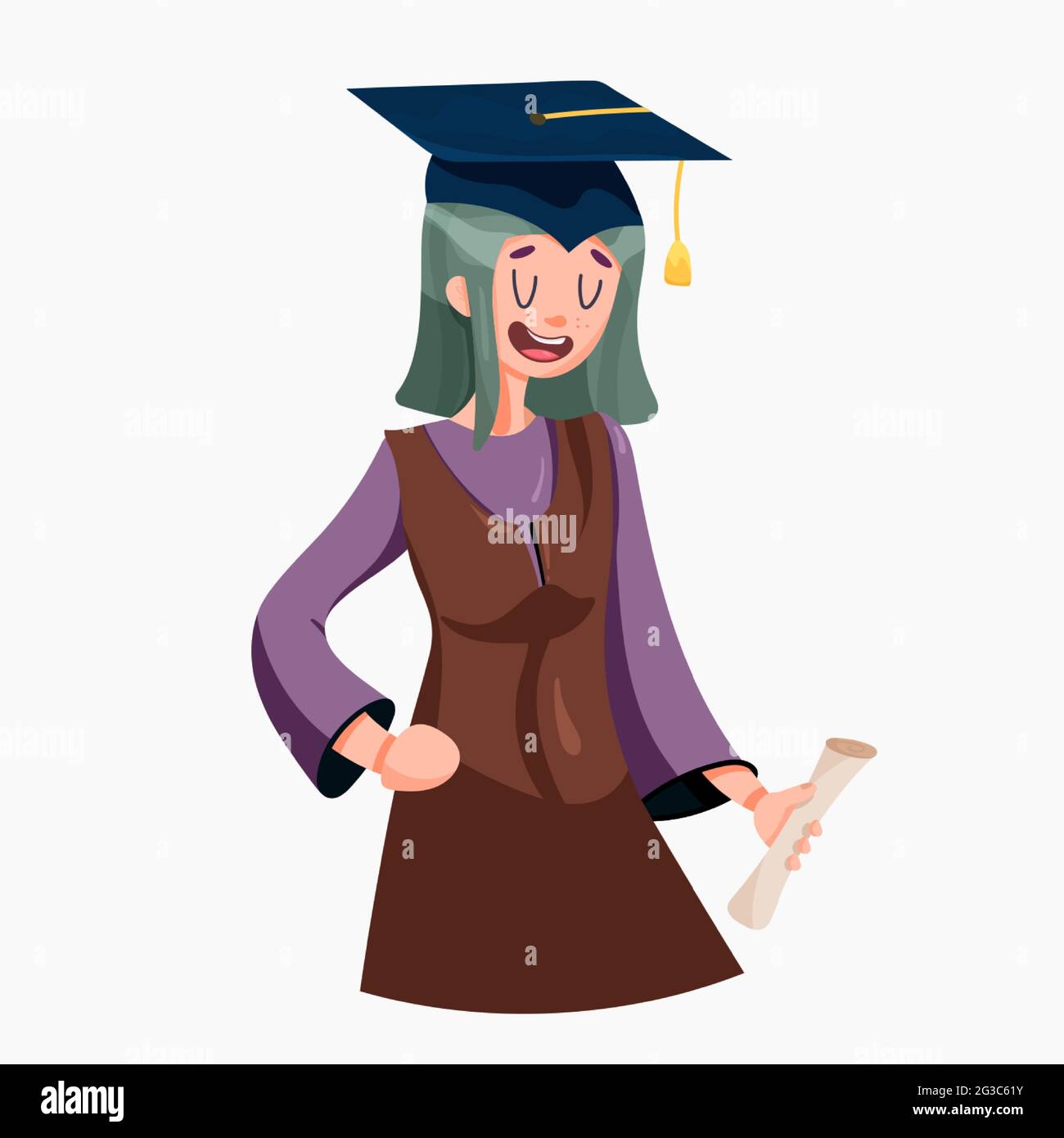 graduate girl wearing academic gown and cap, holding a diploma. Virtual graduation ceremony Stock Vector