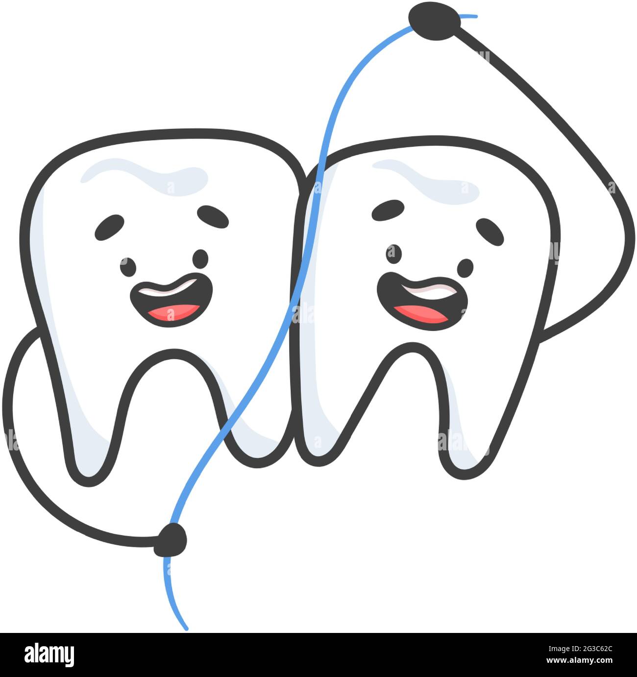 Cute teeth with dental floss. Prevention of tooth decay Stock Vector