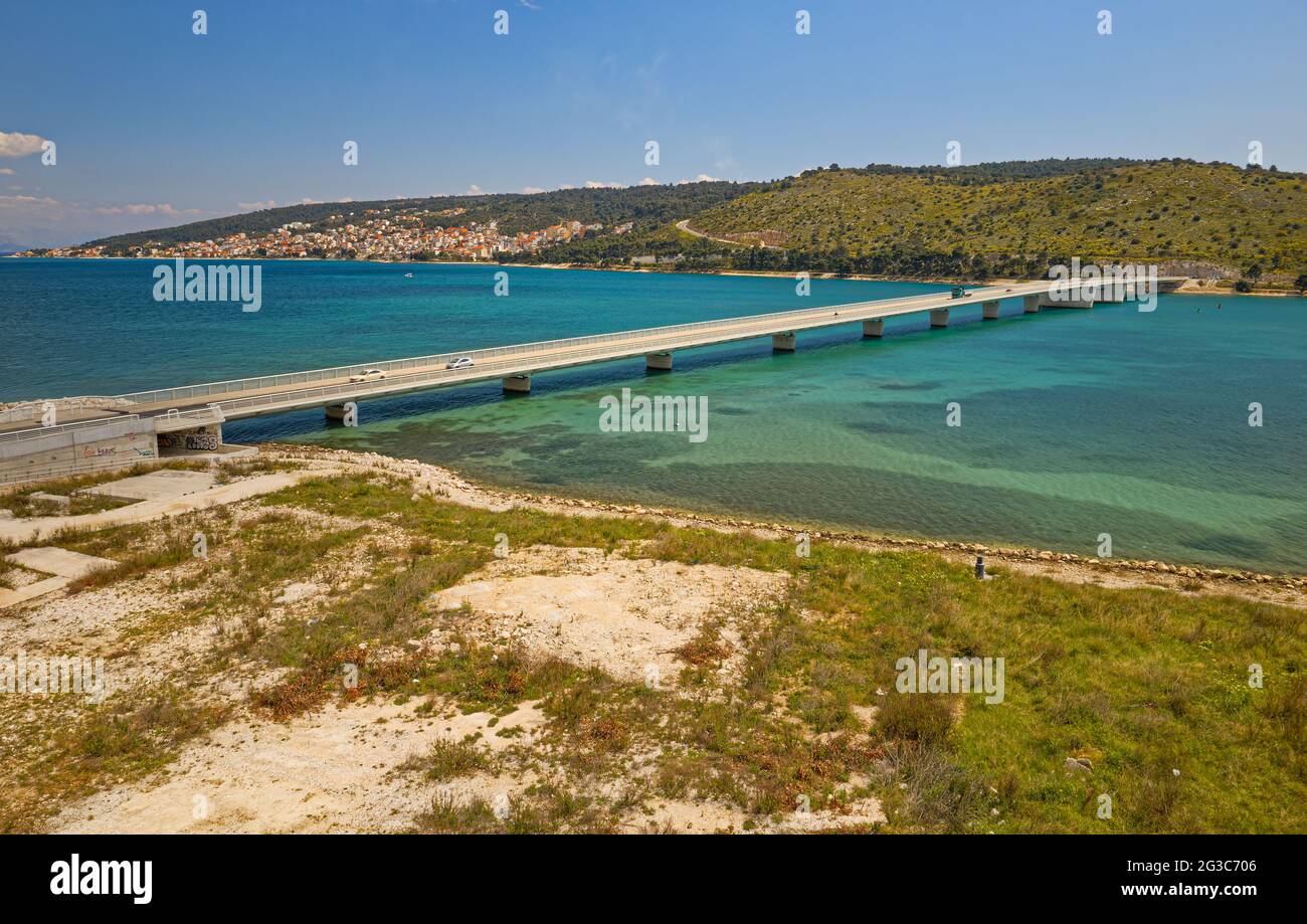 Aerial view of a long bridge above a sea, island Ciovo in Croatia Stock Photo