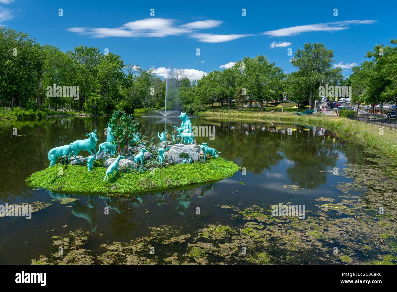 Terrebonne, Quebec, Canada - 11 June 2021: The happy shipwrecks created by Isabelle Demers and Fanny Mesnard in the Île-des-Moulins pond Stock Photo