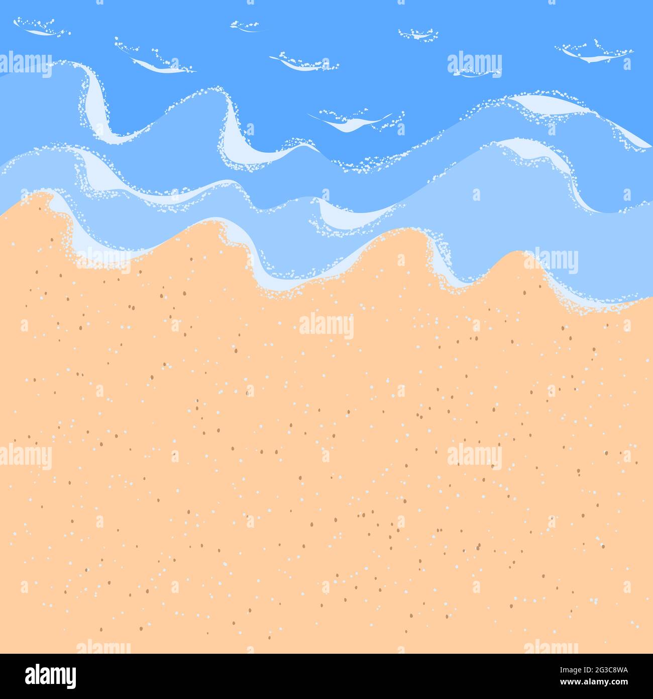Sandy ocean shore for wallpaper design. White foam wave sandy seashore top view. Beach sand sea water summer background. Paradise beach. Blue wave Stock Vector