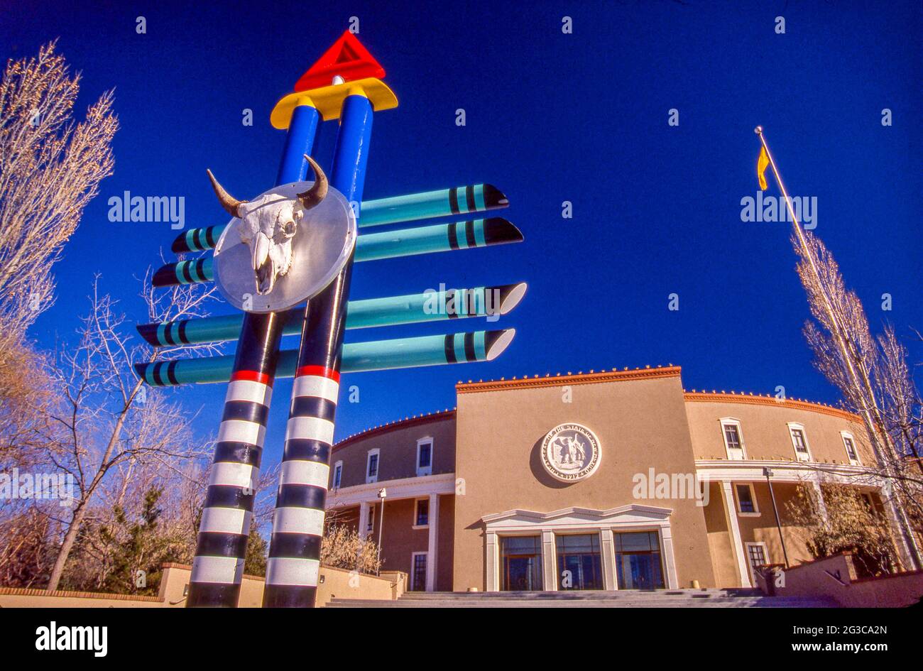 A 'Buffalo Spirit Totem' featuring a Buffalo skull decorates the New Mexico state capitol building in Santa Fe. The totem symbolizes abundance. Note s Stock Photo