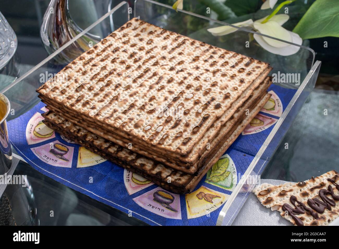 A table is set for a Passover Seder at a Southern California Jewish