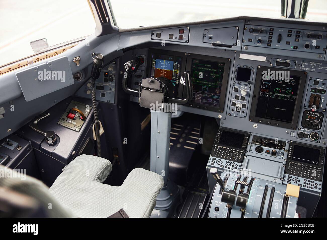 Pilot cabin in modern passenger airplane jet Stock Photo