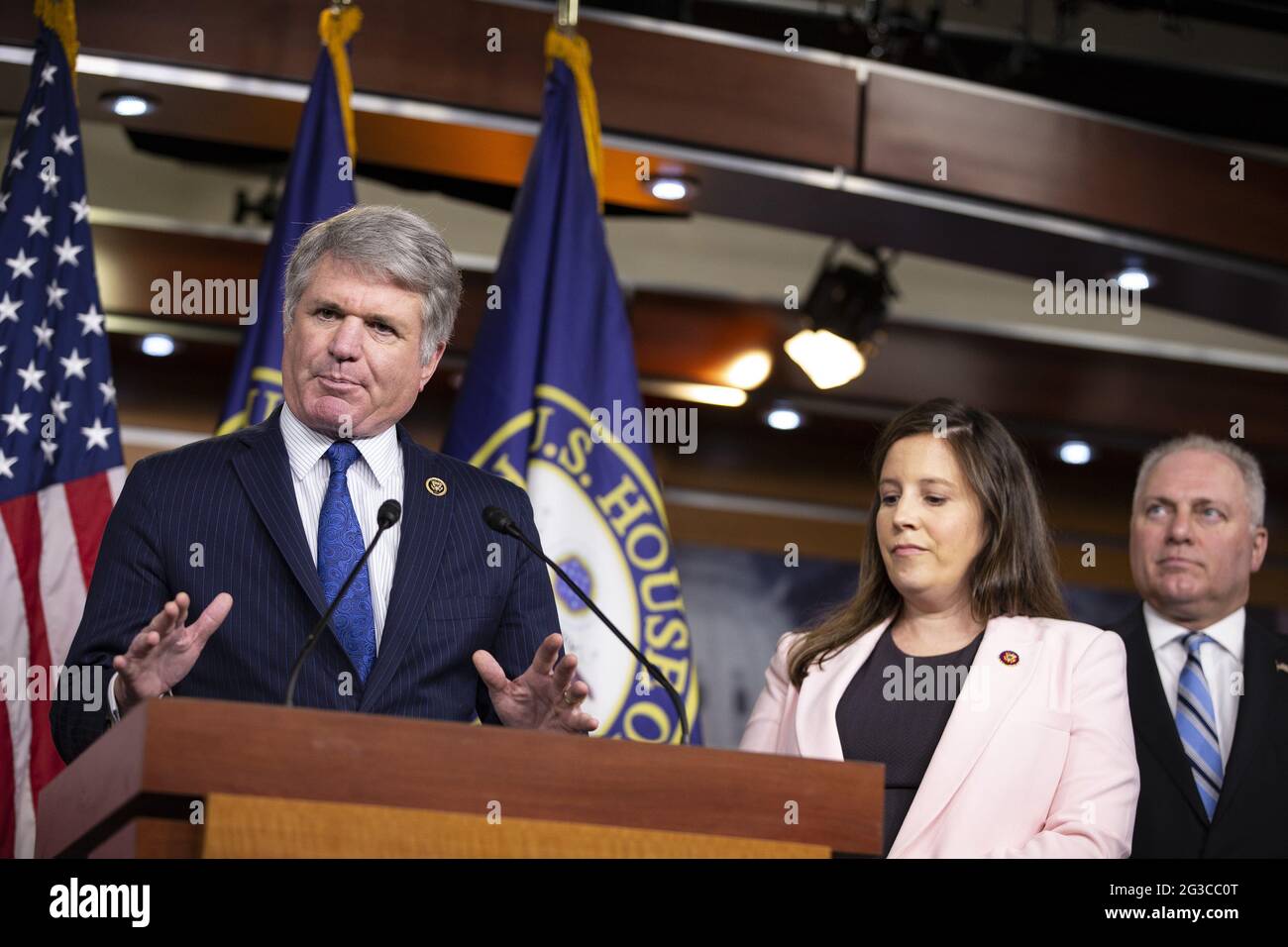 Washington, United States. 15th June, 2021. Rep. Michael McCaul, R-TX speaks as Rep. Elise Stefanik, R-NY and House Minority Whip Steve Scalise, R-La listen's on, at a news conference after a House Republicans Caucus Meeting on Capitol Hill in Washington, DC on Tuesday, June 15, 2021. Photo by Tasos Katopodis/UPI Credit: UPI/Alamy Live News Stock Photo