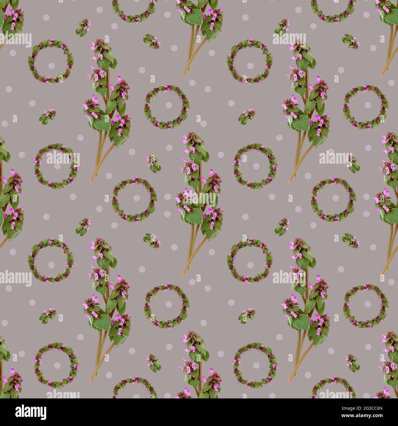 Seamless pattern of wild spring flowers and branchlets on a gray background Stock Photo