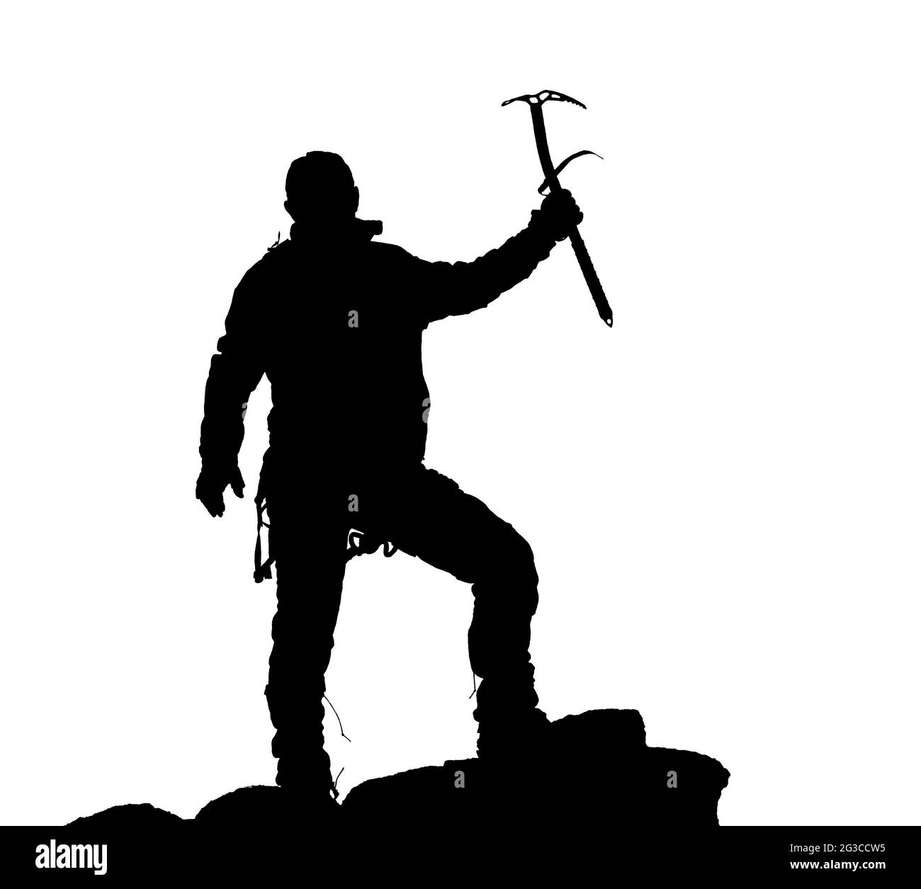 black silhouette of climber with ice axe in hand on the white background Stock Photo