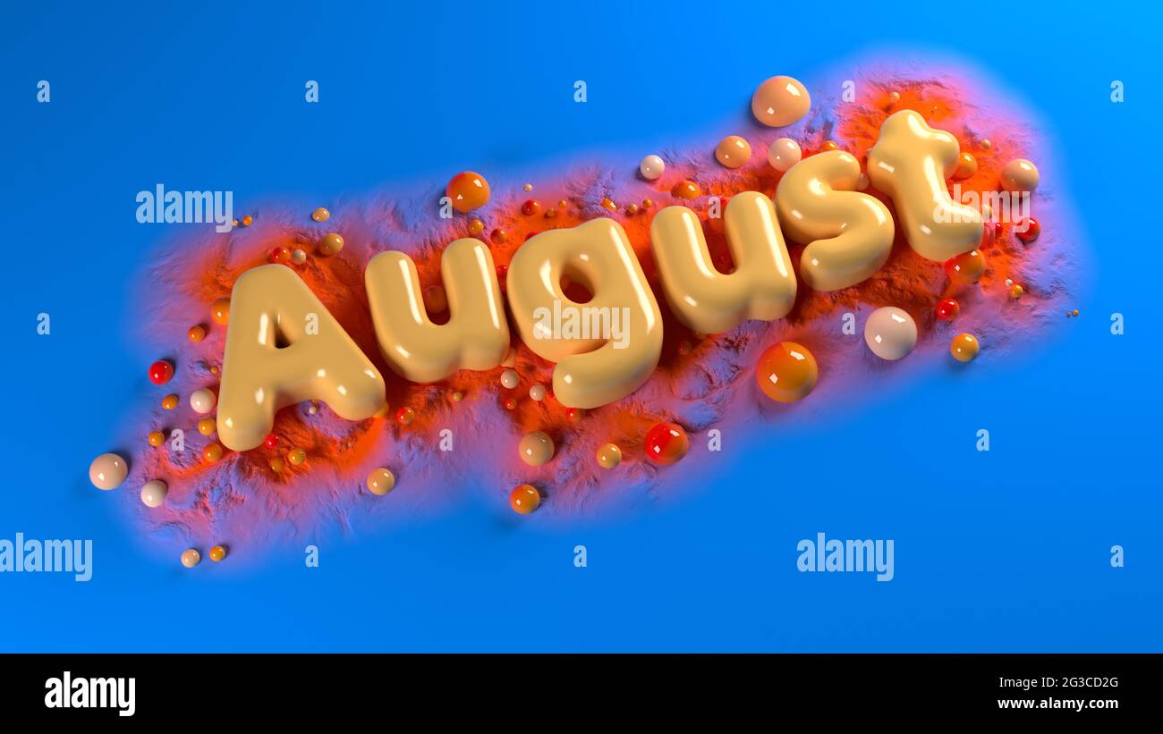 Soft orange plump word AUGUST surrounded by orange spheres over bright blue background and orange mountains structure. 3d illustration Stock Photo