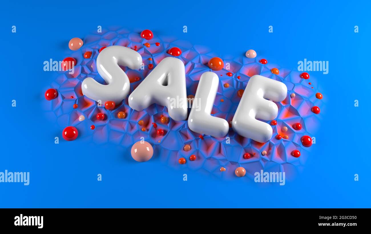 sale bright white glossy letters on a blue abstract background with spheres around. 3d illustration Stock Photo