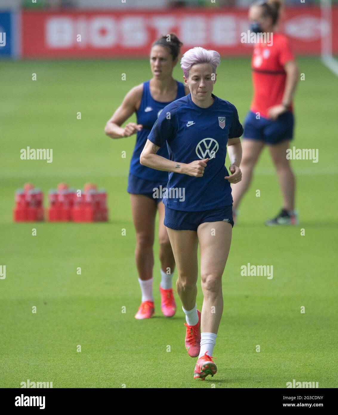 Forwards MEGAN RAPINOE and CARLI LLOYD of the United States Women's  National Team (USWNT) warm up at the new Q2 soccer stadium in Austin during  one of the final games on their