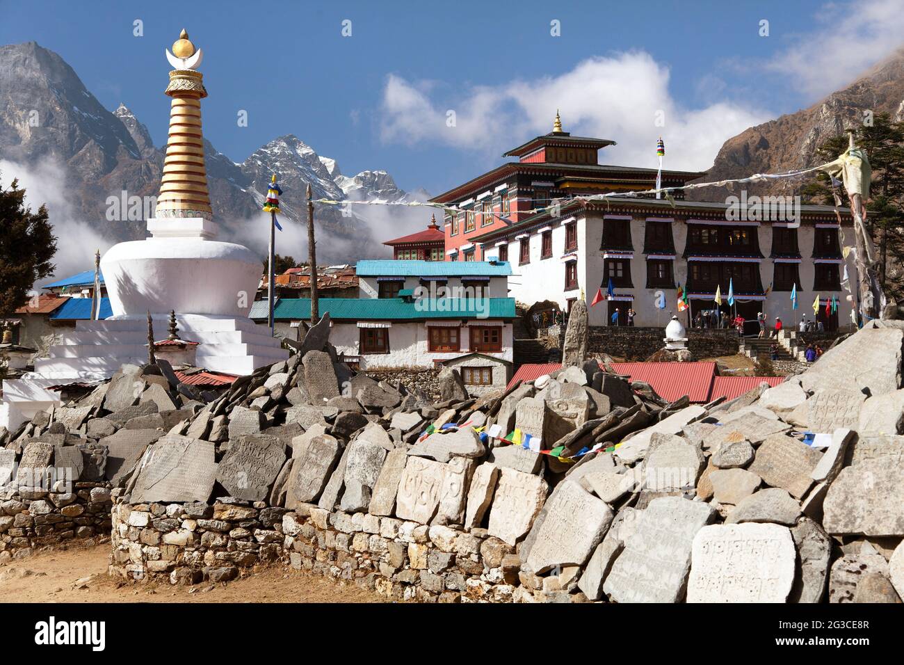 View of Tengboche monastery with stupa and prayer mani wall, Khumbu valley, Sagarmatha national park, Nepal Stock Photo