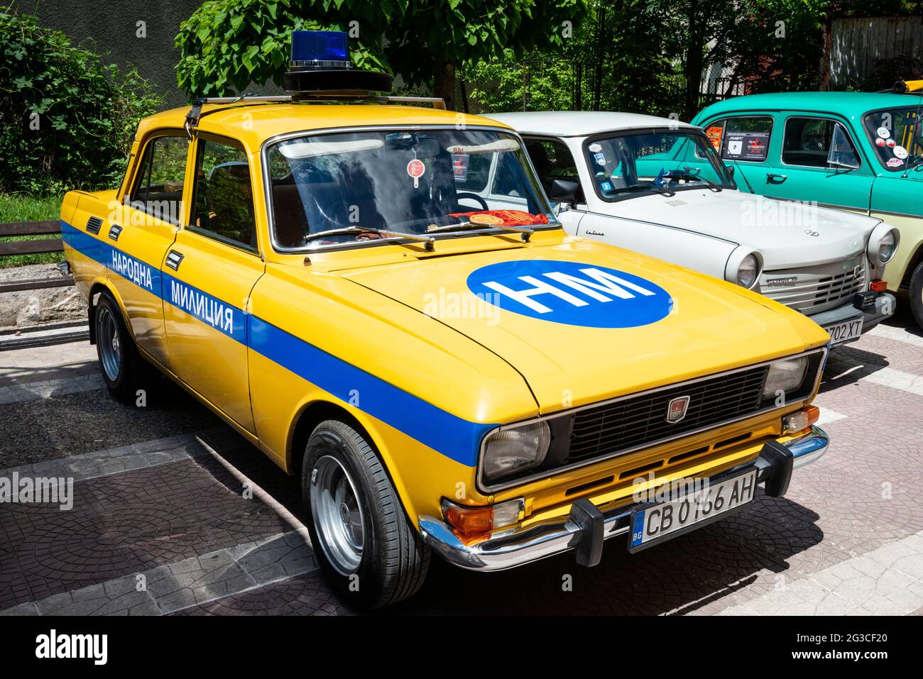 Moskvitch AZLK 2140 Bulgarian Police car from the 80s socialist era on display during the annual retro cars parade in Bulgaria as of May 2021 Stock Photo