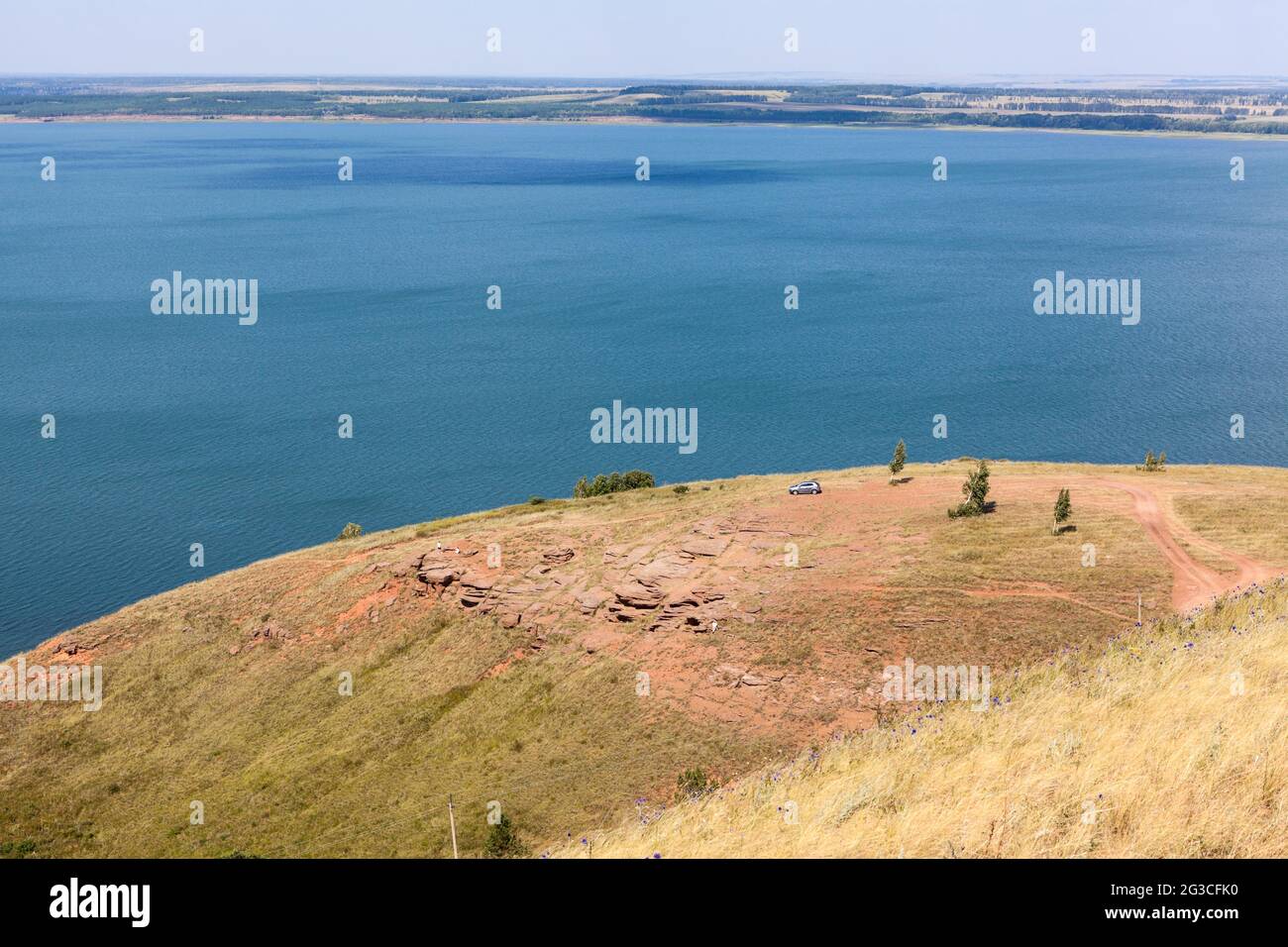 The Aslikul lake shore with high hills. The Republic of Bashkortostan, Russia Stock Photo