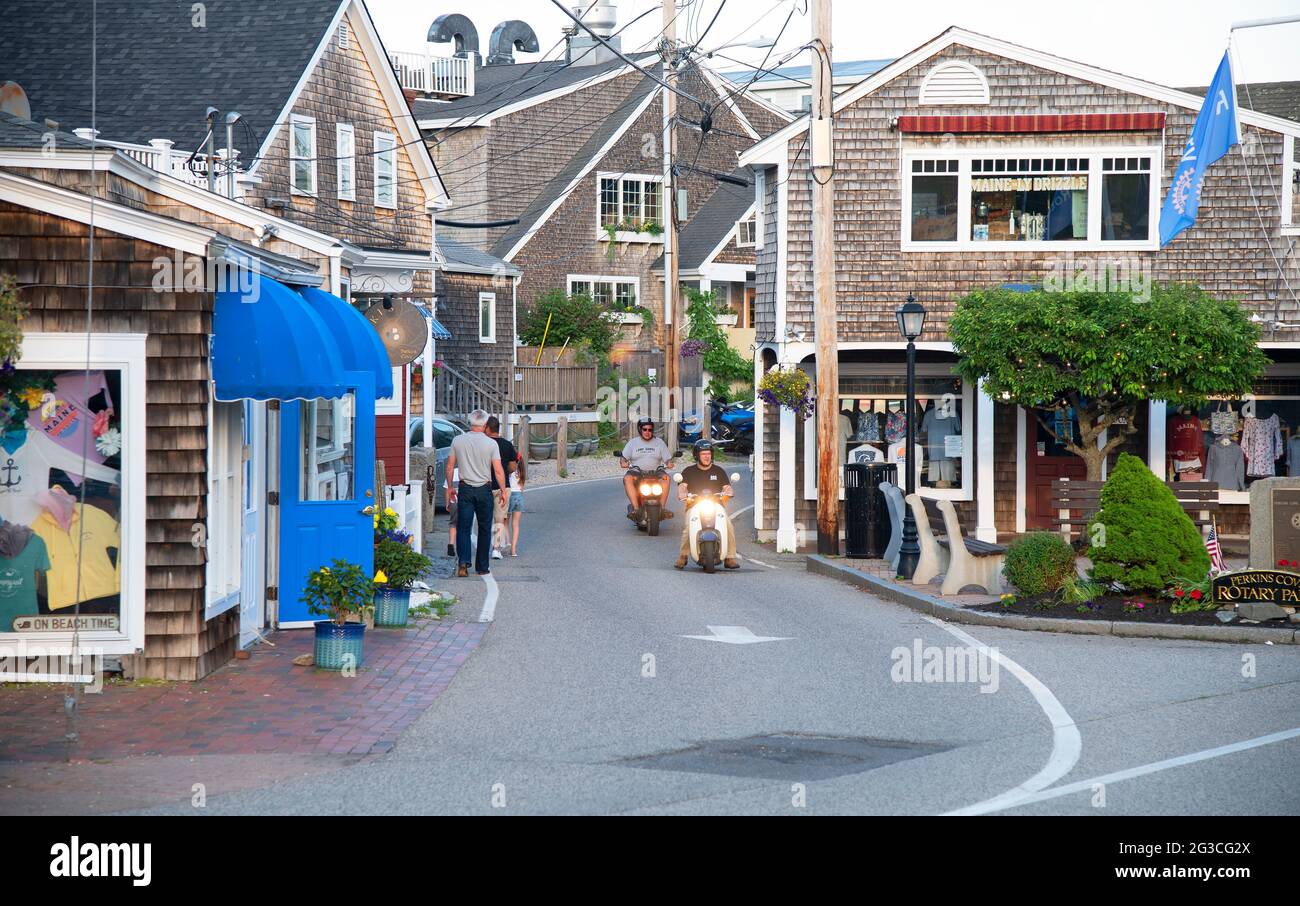 Evening settles over the shops at Perkins Cove, Ogunquit, Maine, USA. Stock Photo