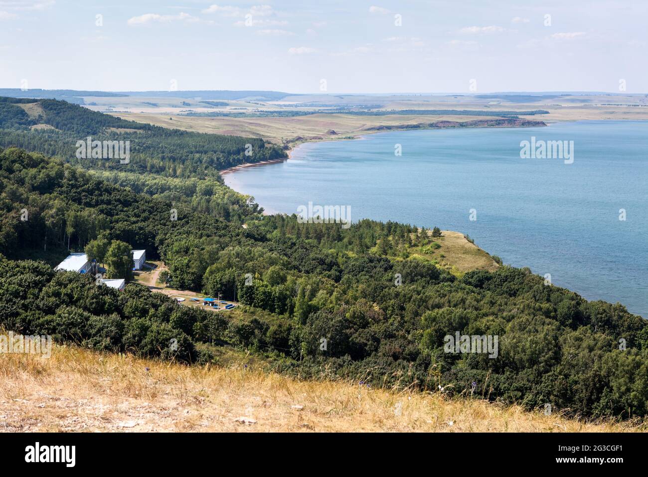 Shore of the Aslykul lake with children summer camp. Aerial view. The Republic of Bashkortostan, Russia Stock Photo