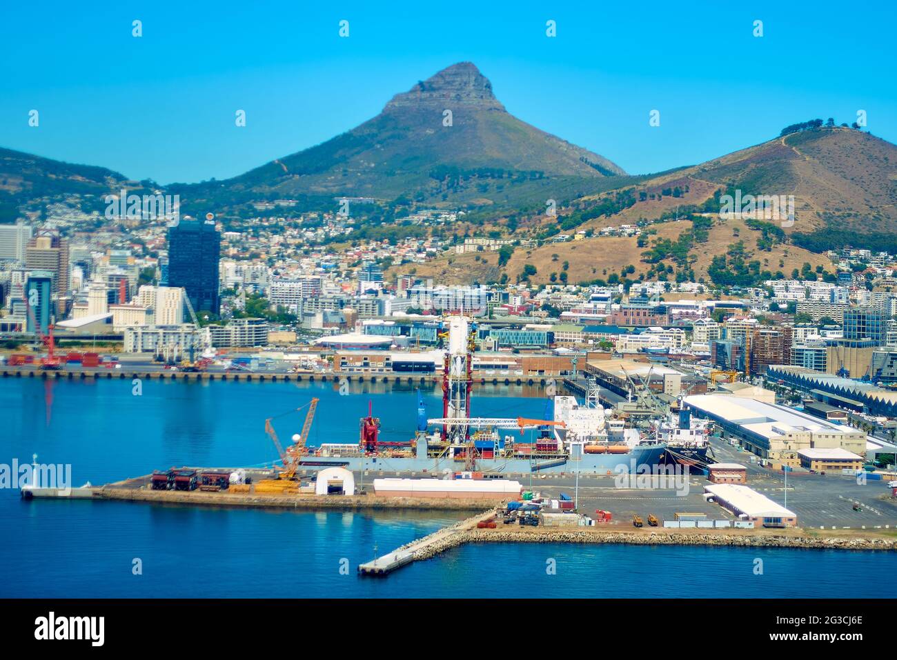 Aerial of  (IMO: 9600786) is a Drill Ship NOBLE GLOBETROTTER II at Cape Town harbour Stock Photo