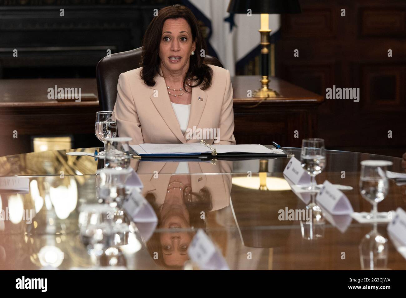 United States Vice President Kamala Harris holds a meeting to mark the ninth anniversary of the creation of Deferred Action for Childhood Arrivals(DACA) in the Vice President's Ceremonial Office in the Eisenhower Executive Office Building in Washington, DC, June 15, 2021. Credit: Chris Kleponis / Pool via CNP Stock Photo