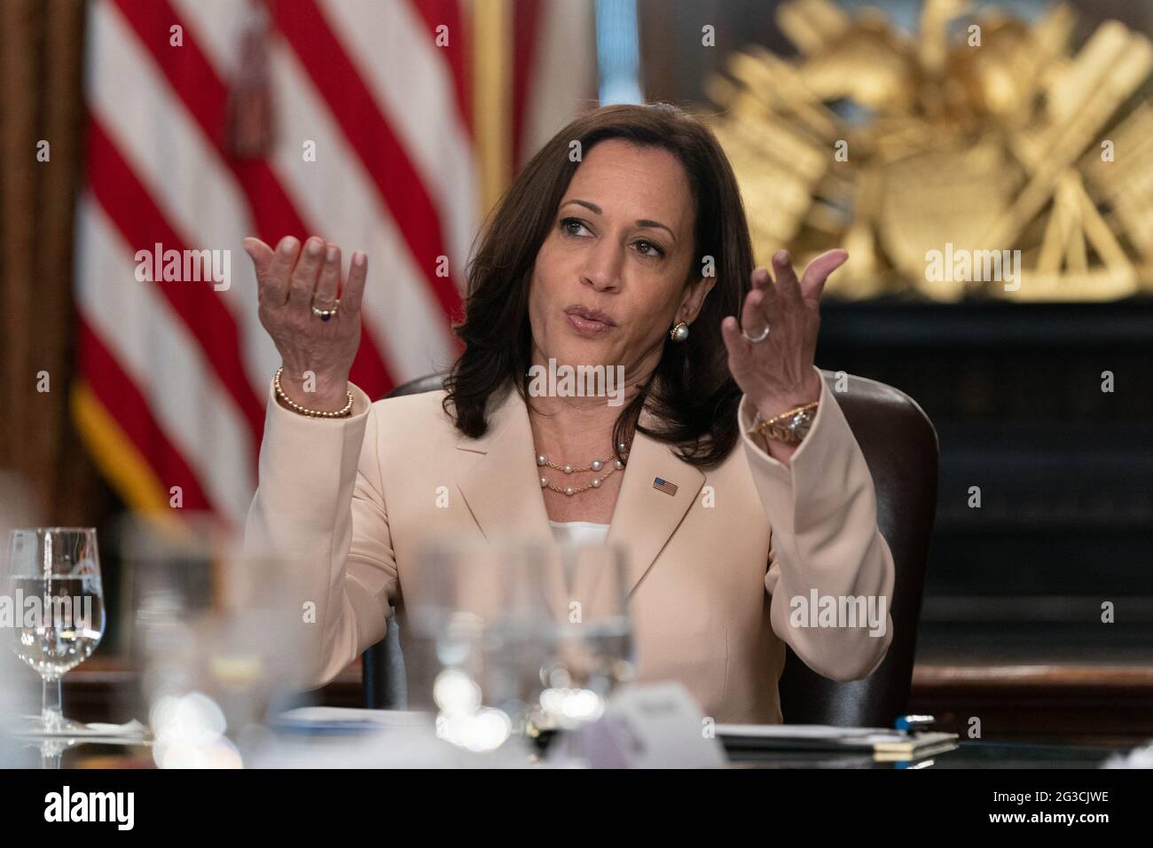 United States Vice President Kamala Harris holds a meeting to mark the ninth anniversary of the creation of Deferred Action for Childhood Arrivals(DACA) in the Vice President's Ceremonial Office in the Eisenhower Executive Office Building in Washington, DC, June 15, 2021. Credit: Chris Kleponis / Pool via CNP Stock Photo