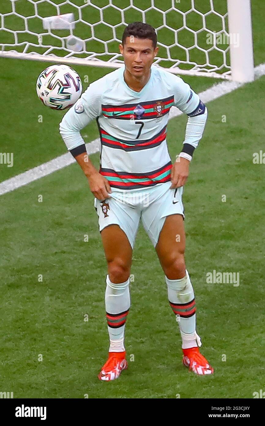 BUDAPEST, HUNGARY - JUNE 15: Cristiano Ronaldo from Portugal pulls up his  shorts during the the UEFA Euro 2020 Championship Group F match between  Hungary and Portugal on June 15, 2021 in
