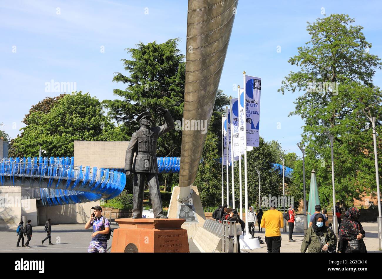 Statue of Sir Frank Whittle, inventor of the turbojet engine, under the Whittle Arch in multicultural  UK City of Culture 2021, Coventry, Warwickshire Stock Photo