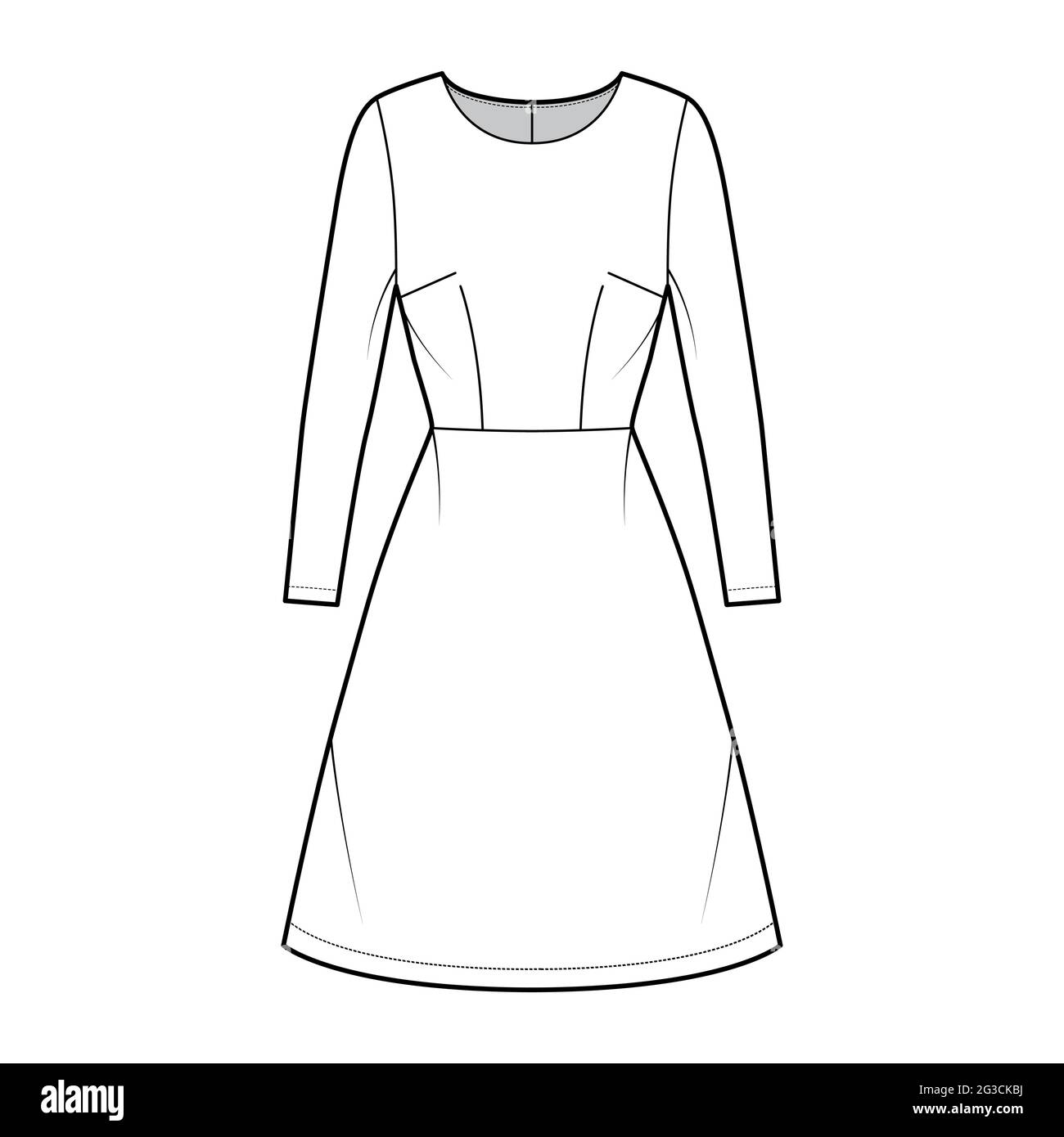 Dress A-line technical fashion illustration with long sleeves, fitted body,  natural waistline, knee length skirt. Flat apparel front, white color  style. Women, men unisex CAD mockup Stock Vector Image & Art -