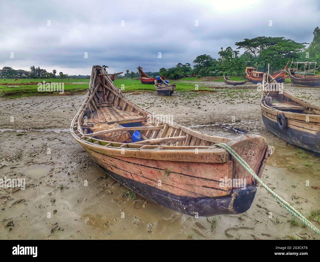 Old wooden boats parked on the river shore Stock Photo - Alamy