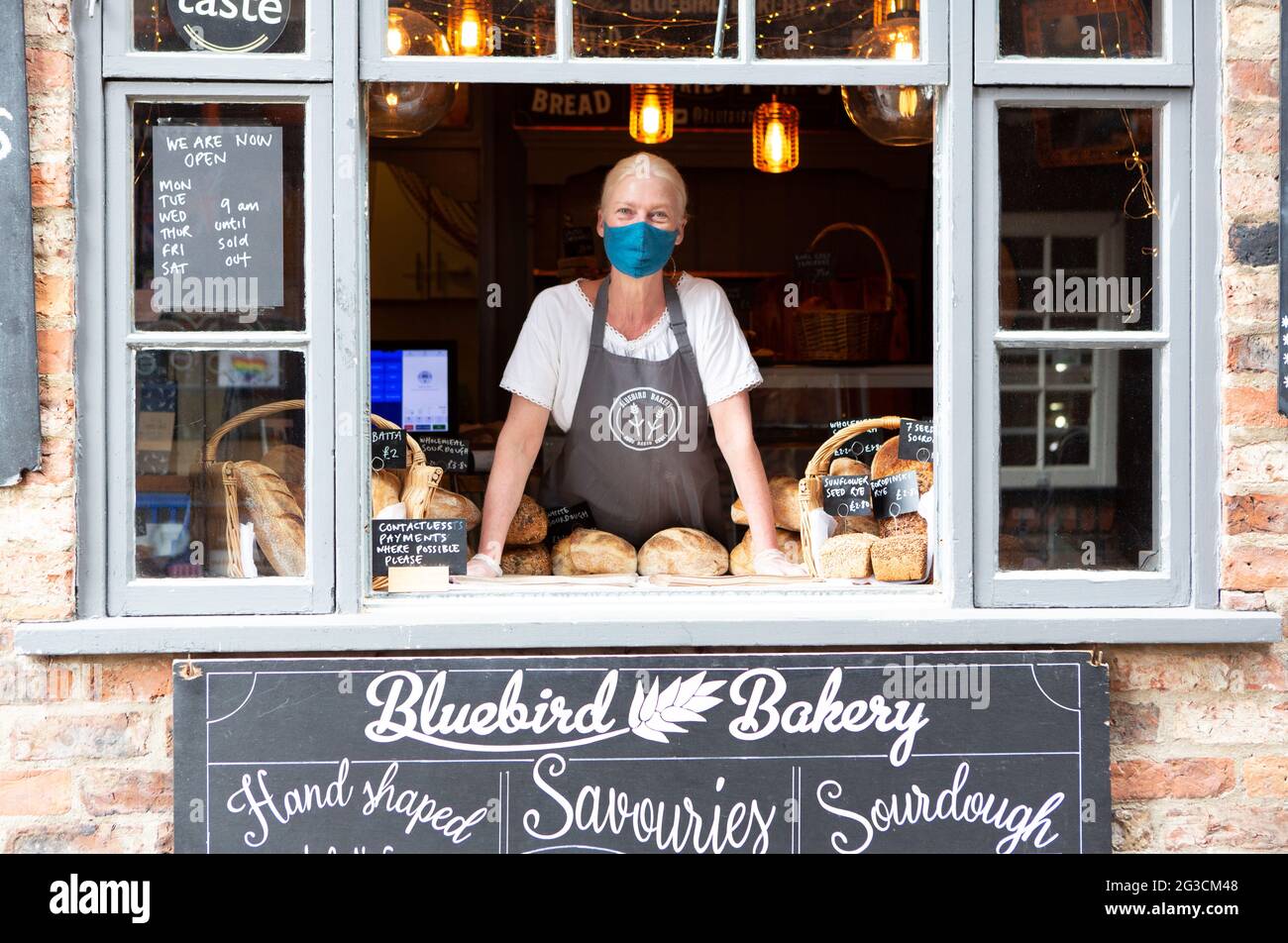 Sarah Henson, shop advisor, photographed at the Bluebird Bakery in the Little Shambles in York, North Yorkshire. The city has a heavy reliance on hosp Stock Photo