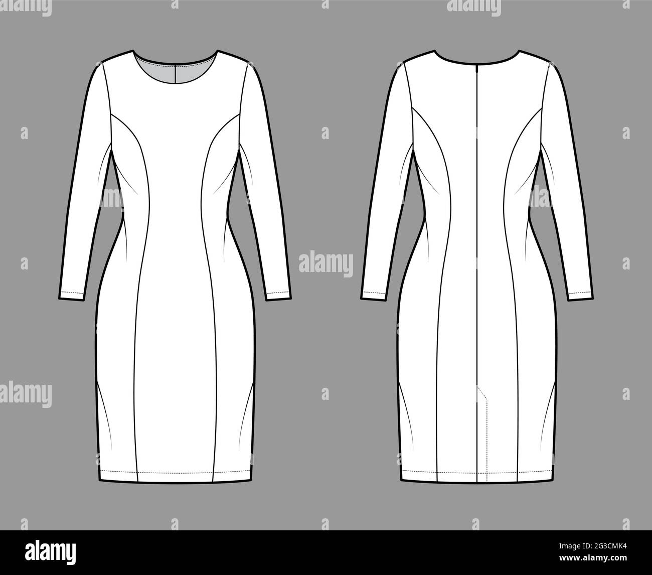 Dress princess line technical fashion illustration with long sleeve, fitted  body, knee length pencil skirt. Flat apparel front, back, white color  style. Women, men unisex CAD mockup Stock Vector Image & Art -