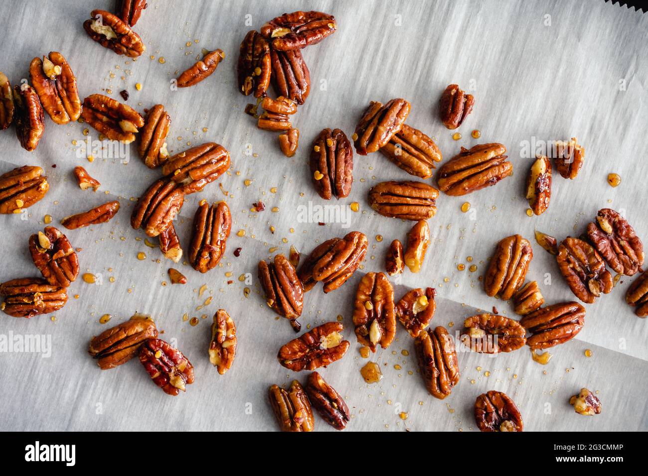 Sweet and Spicy Toasted Pecans Candied pecans with honey, nutmeg, and