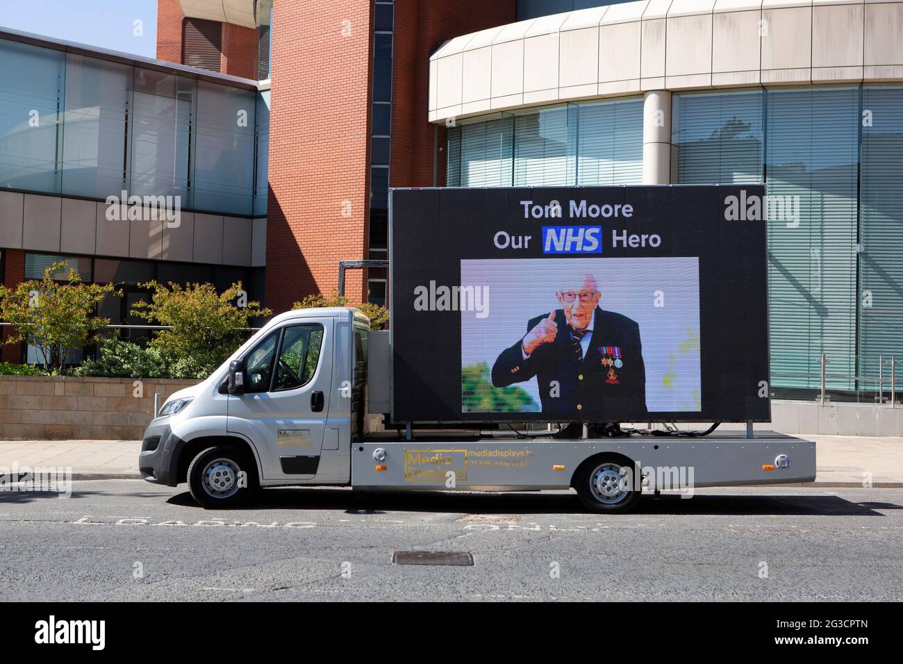 A digital billboard thanking Captian Tom Moore outside The NHS nightingale hospital in Harrogate, north Yorkshire which was opened today (April 21st 2 Stock Photo