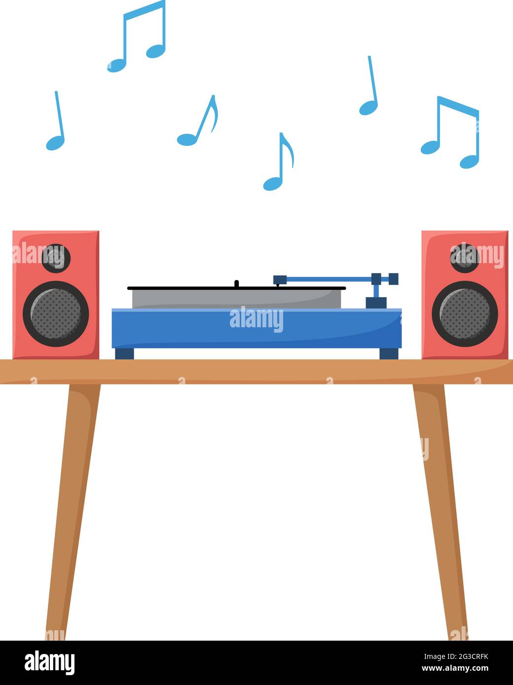 Turntable playing vinyl record. Retro audio device with acoustic system. Analog music player in flat style. Vector  Stock Vector