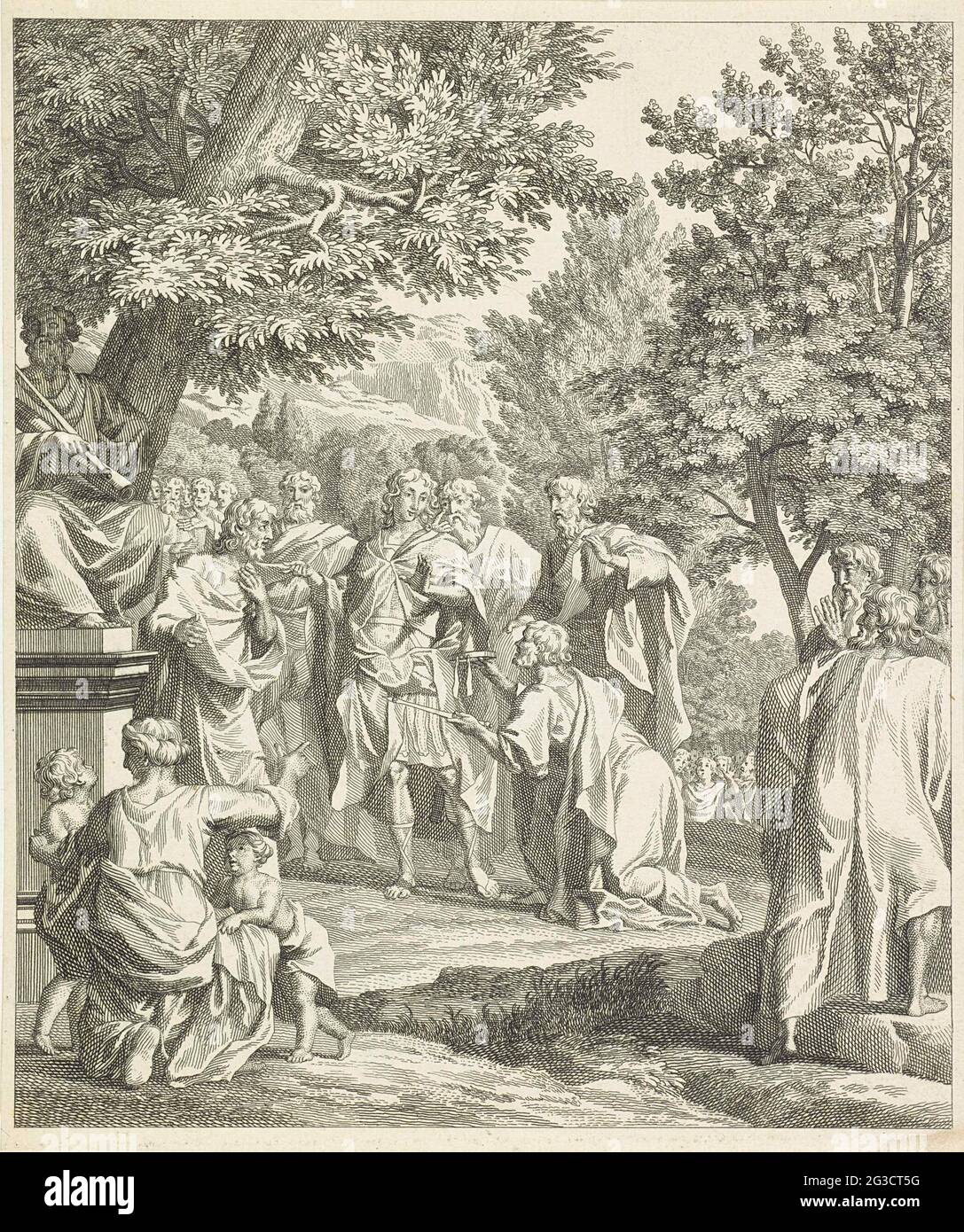 Telemachus refuses the crown and scepter of Cretan. After Idomeneus, king of Crete, was driven by his people, the people decided to go to a new king. When Telemachus arrived on Crete, it was decided that he had to become the new king. The performance shows an amid male man who offers Telemachus a crown and a scepter. Telemachus is at a statue of Minos. He refuses to adopt both objects. Stock Photo