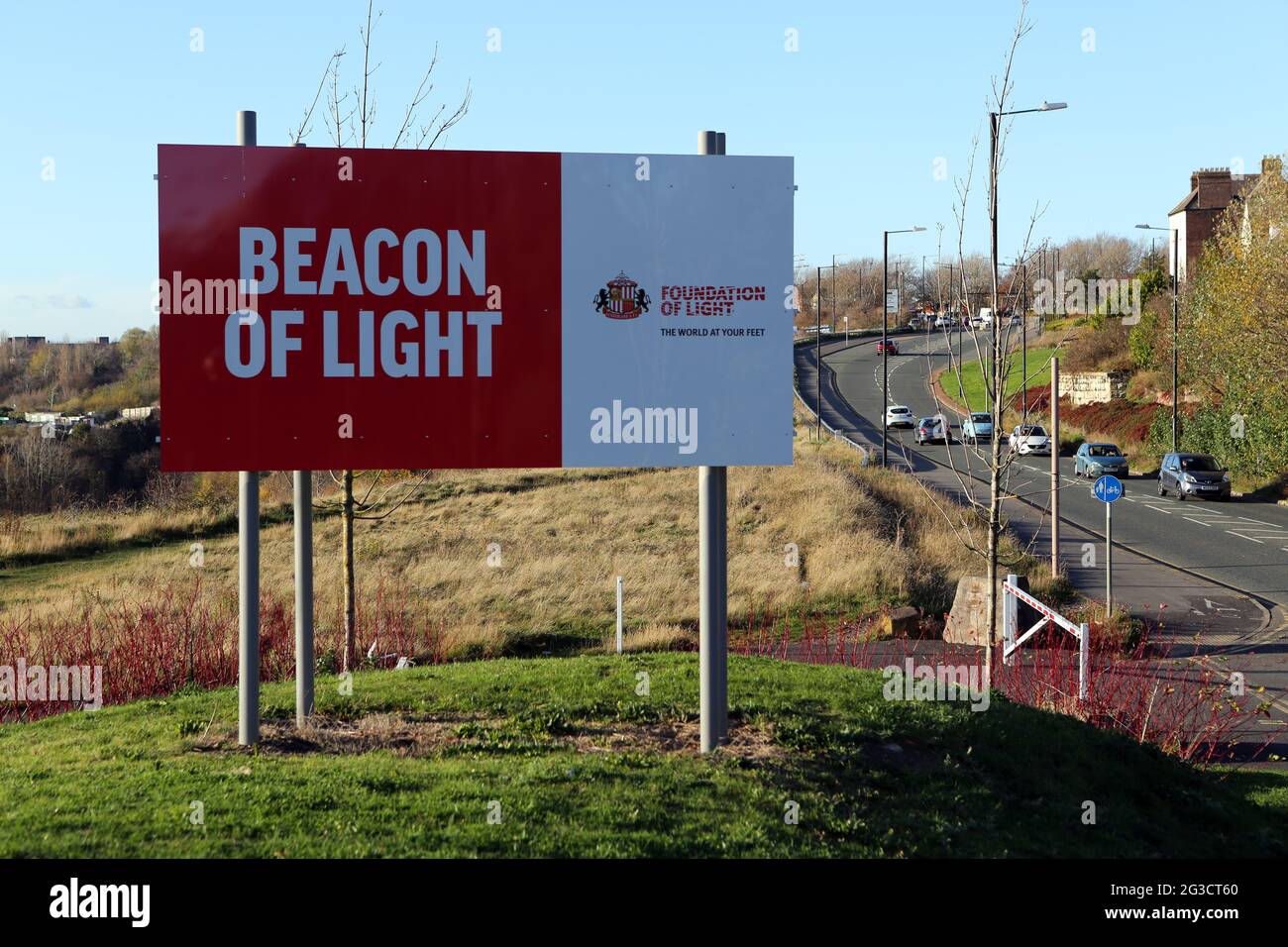 A roadside sign for The Foundation of Light which is based at The Beacon of Light in Sunderland in Tyne and Wear a charitable foundation of Sunderland Stock Photo