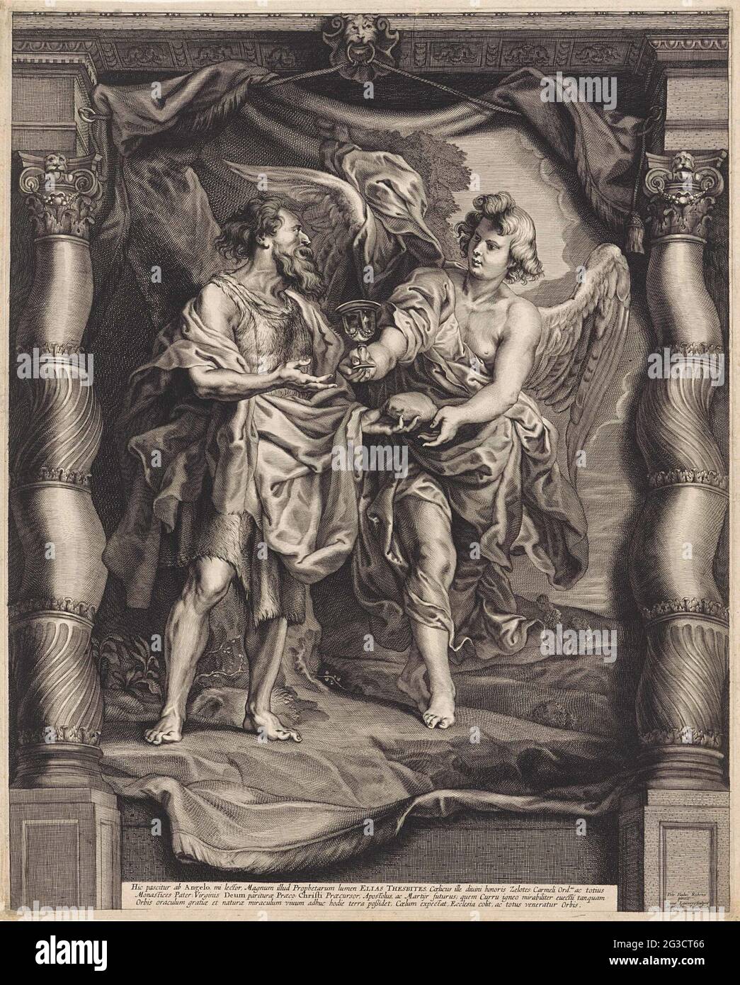 Elia fed by an angel. Elijah and an angel who hands him a piece of